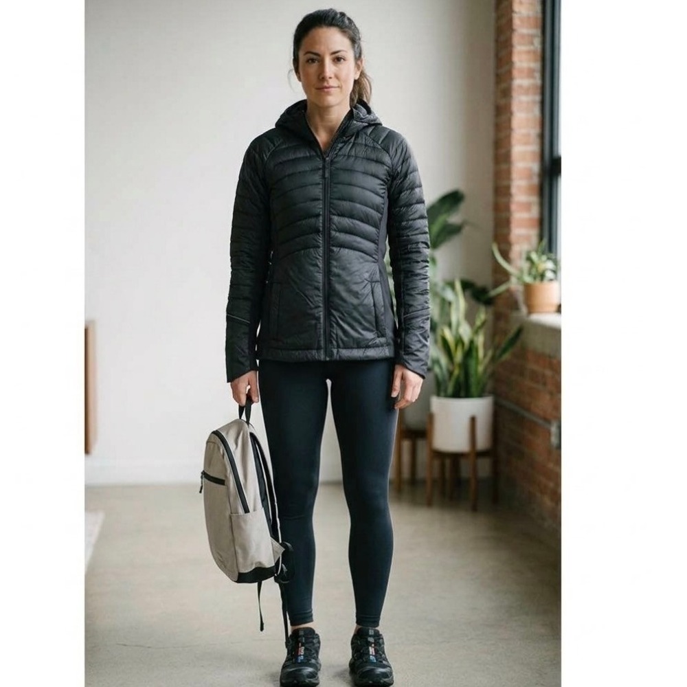 Lululemon Down For It All Jacket Women Size 10 Black Hooded Puffer Running Coat